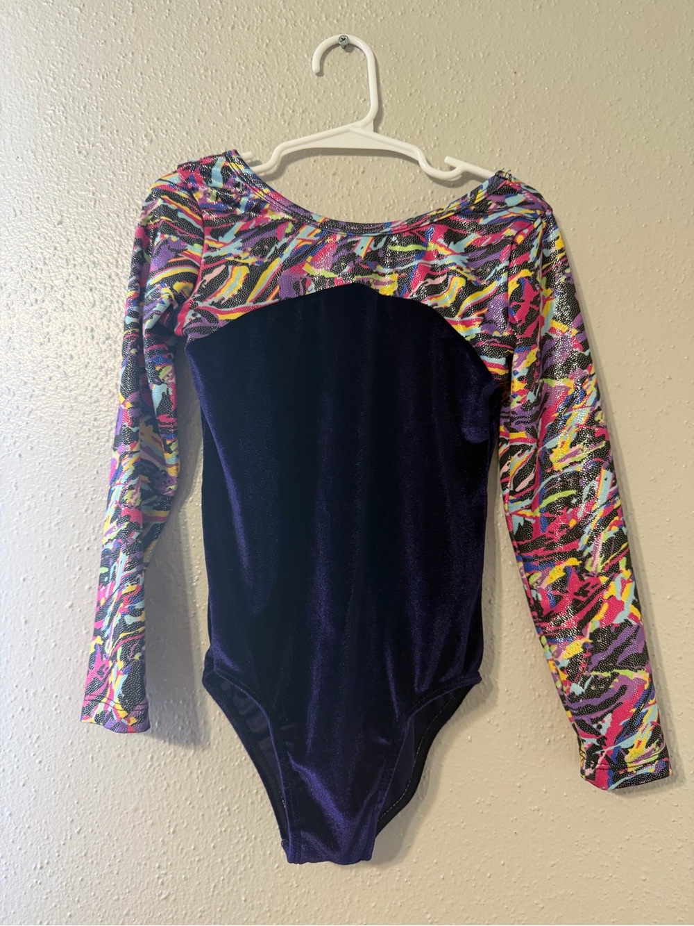 Kids Long-Sleeve Purple Velvet & Multicolor Pattern Leotard